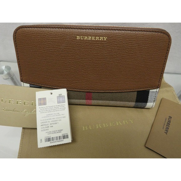 BURBERRY ELMORE BROWN HOUSE CHECK DERBY LEATHER ZIP AROUND LOGO CLUTCH WALLET - Picture 11 of 12